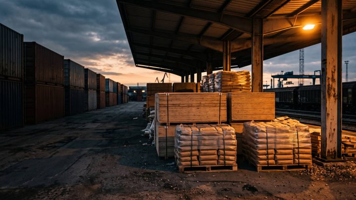 Stacked timber and pallets of cement sacks under a freight yard canopy at dusk, beside a row of shipping containers