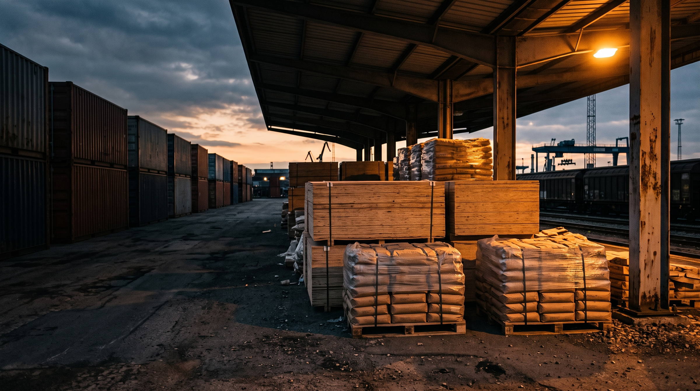 Stacked timber and pallets of cement sacks under a freight yard canopy at dusk, beside a row of shipping containers