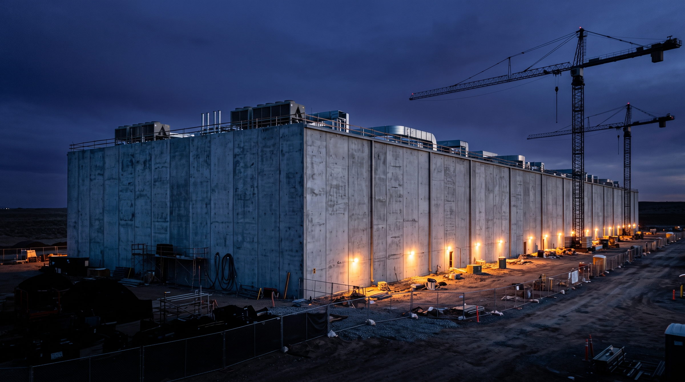 A long windowless data center under construction at dusk, with tower cranes behind it and lit work areas along its base