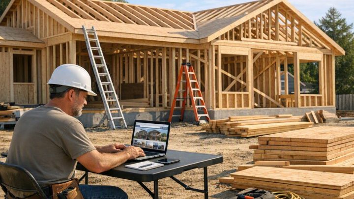 Contractor in a hard hat working on a laptop at a folding table in front of a timber-framed house under construction