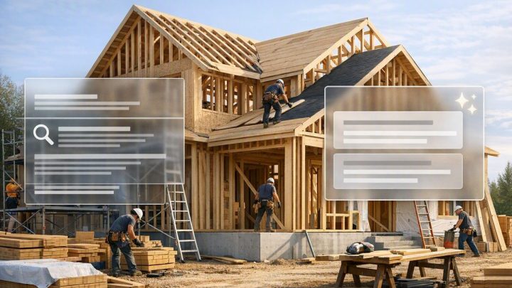 Timber-framed house under construction with a search results panel and an AI answer panel overlaid side by side