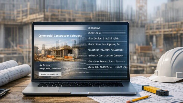 Laptop on a workbench showing a contractor website beside its underlying markup - company, services, location and schema fields - on a construction site